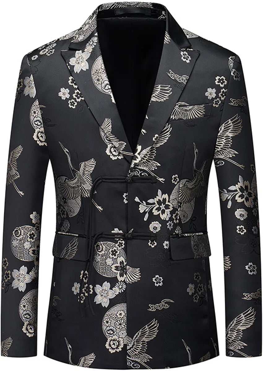 Men's Tang Style Silver Jacquard Black Jacket