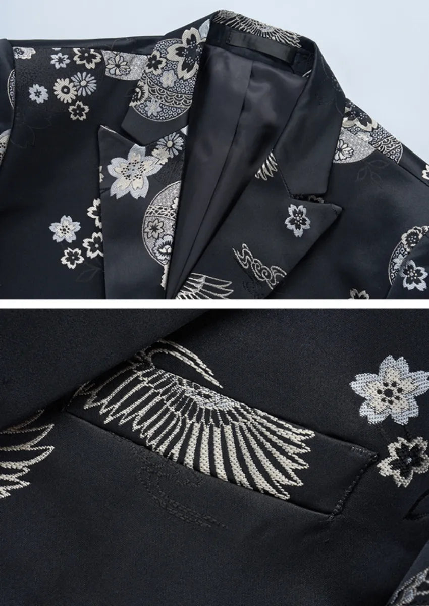 Men's Tang Style Silver Jacquard Black Jacket