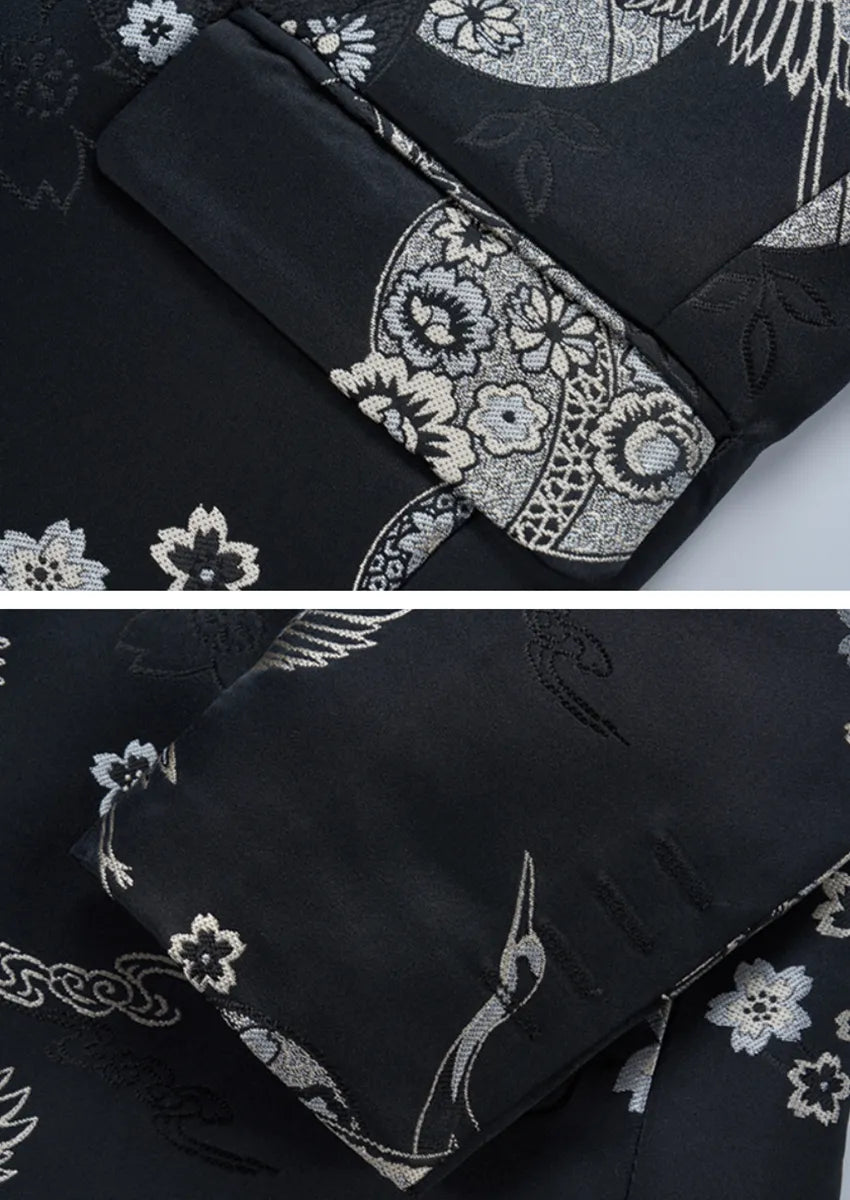 Men's Tang Style Silver Jacquard Black Jacket