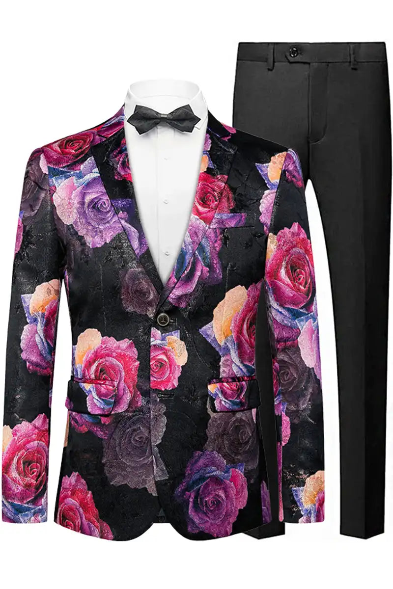 Men's Two-button Gradient Purple Rose Print Black Blazer