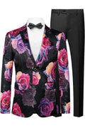 Men's Two-button Gradient Purple Rose Print Black Blazer