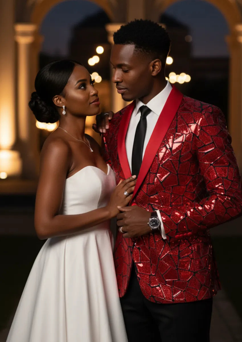 Men's Unique Mirrored Geometric Patchwork Magenta Prom Tuxedo