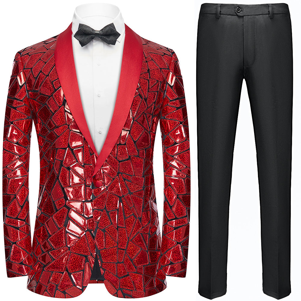 Men's Unique Mirrored Geometric Patchwork Magenta Prom Tuxedo