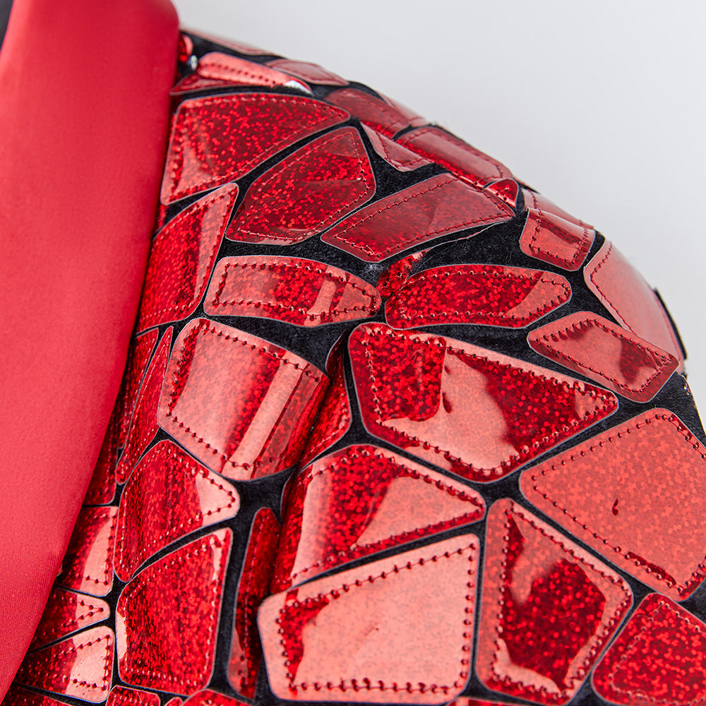 Men's Unique Mirrored Geometric Patchwork Magenta Prom Suit
