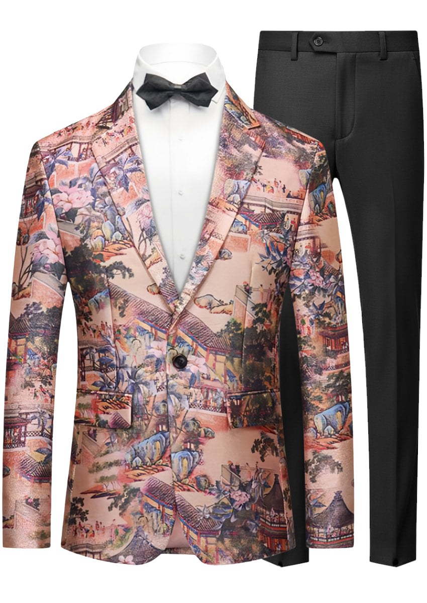 Men's Vintage Style Pink Ink Painting Tuxedo Jacket