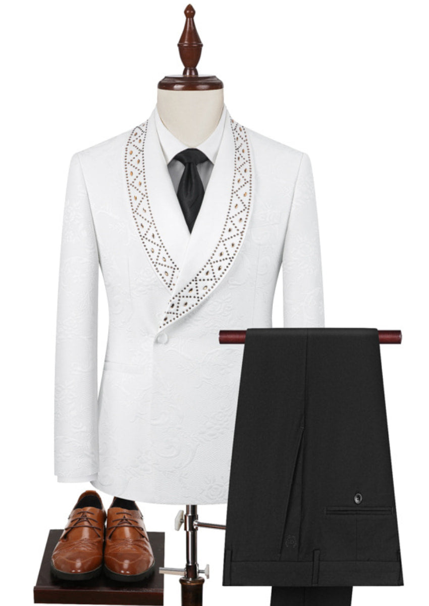 Men’s White 2-Piece Floral Jacquard Tuxedo Set with Hotfix Crystal Shawl Collar