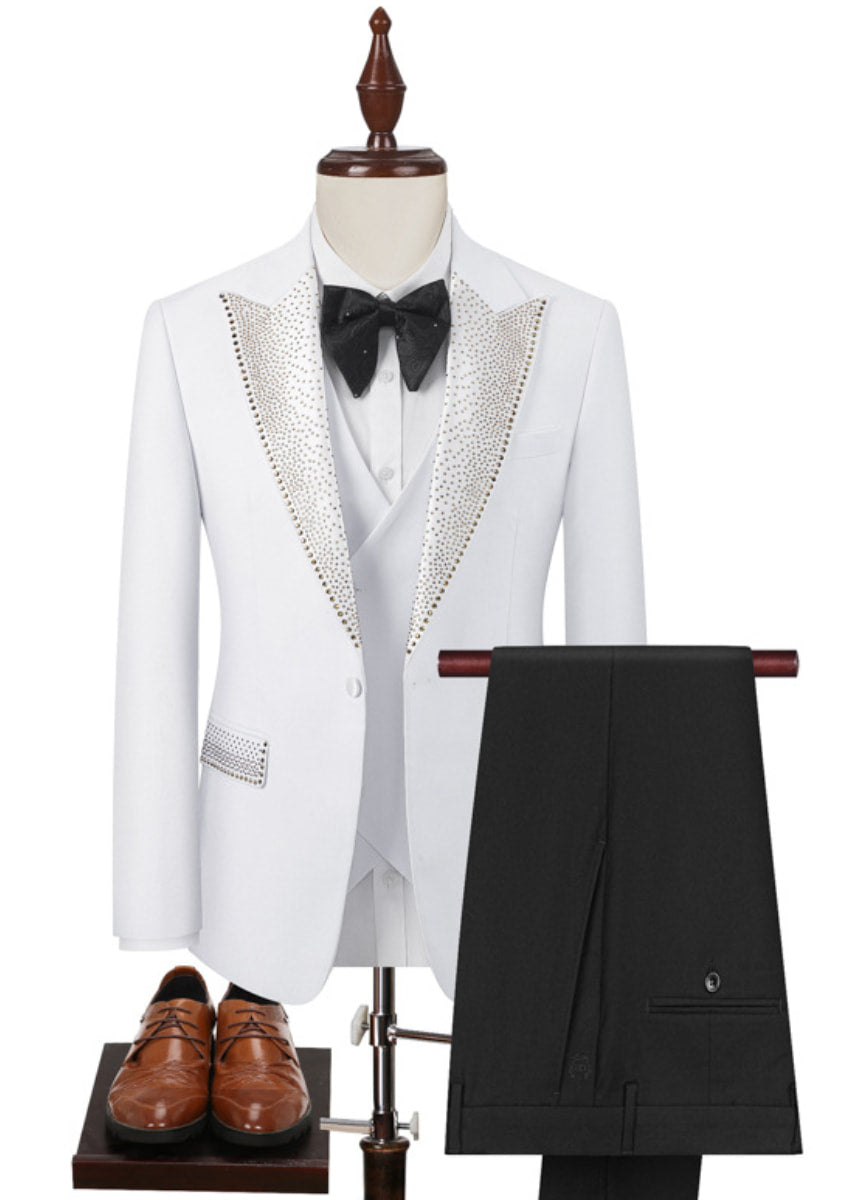 Men’s White 3-Piece Hotfix Crystal Peak Lapel Tuxedo Set