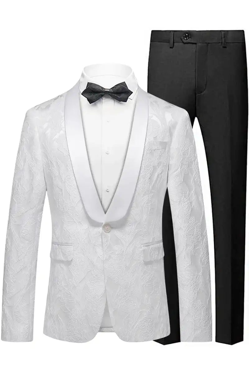 Men's 2-Piece Shawl Lapel Jacquard White Tuxedo