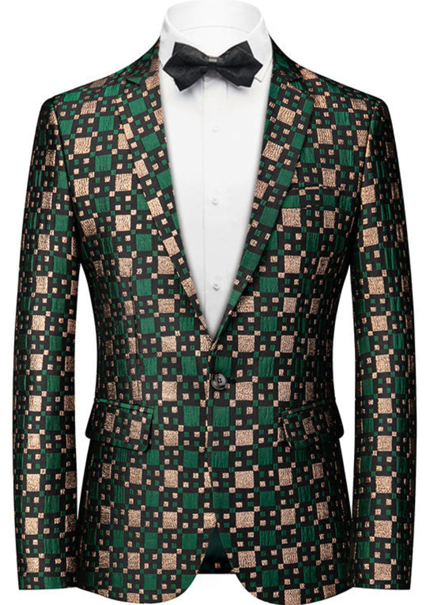 Men's Woven Plaid Style Green and Gold Blazer