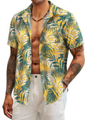 Men's Yellow Floral Print Short Sleeve Shirt with Turn-down Collar