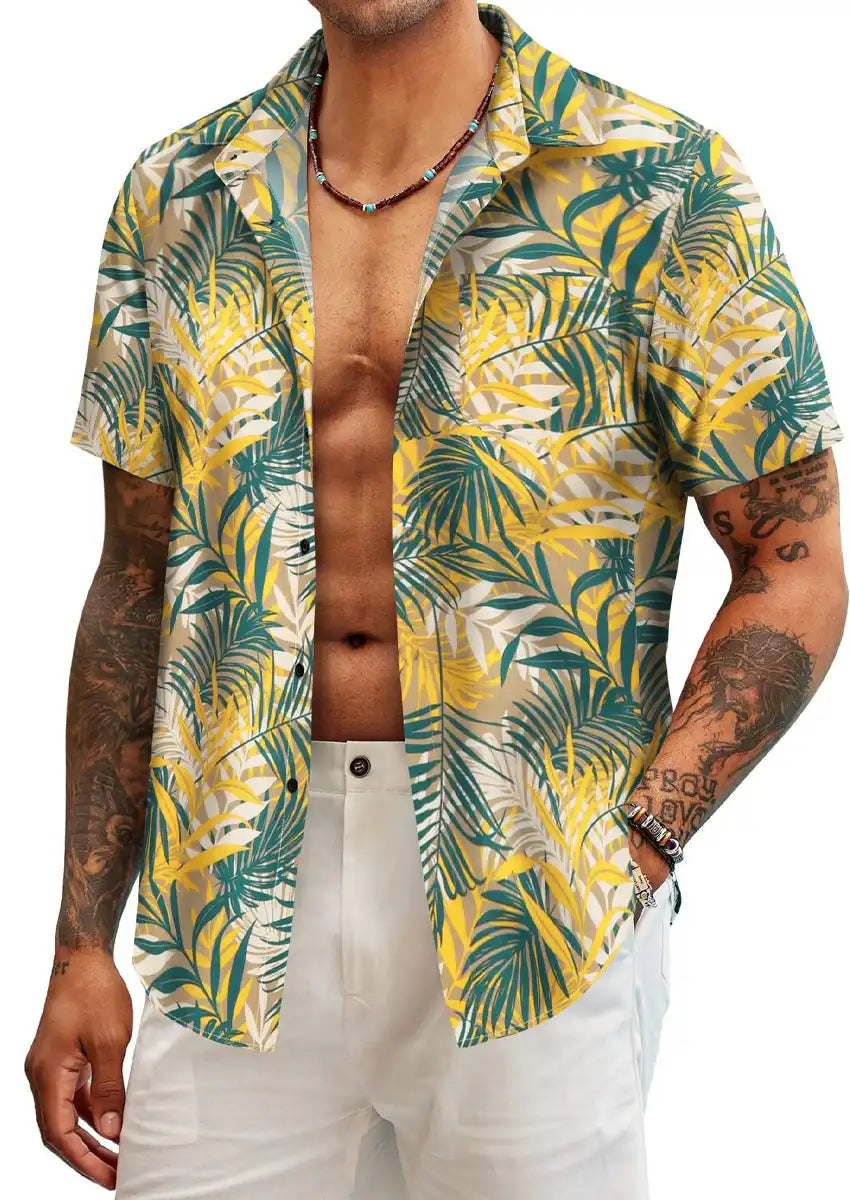 Men's Yellow Floral Print Short Sleeve Shirt with Turn-down Collar