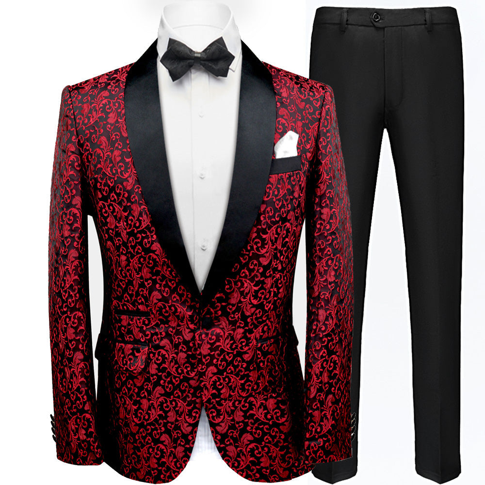 Men's 2-Piece Jacquard Embroidery Burgundy Tuxedo