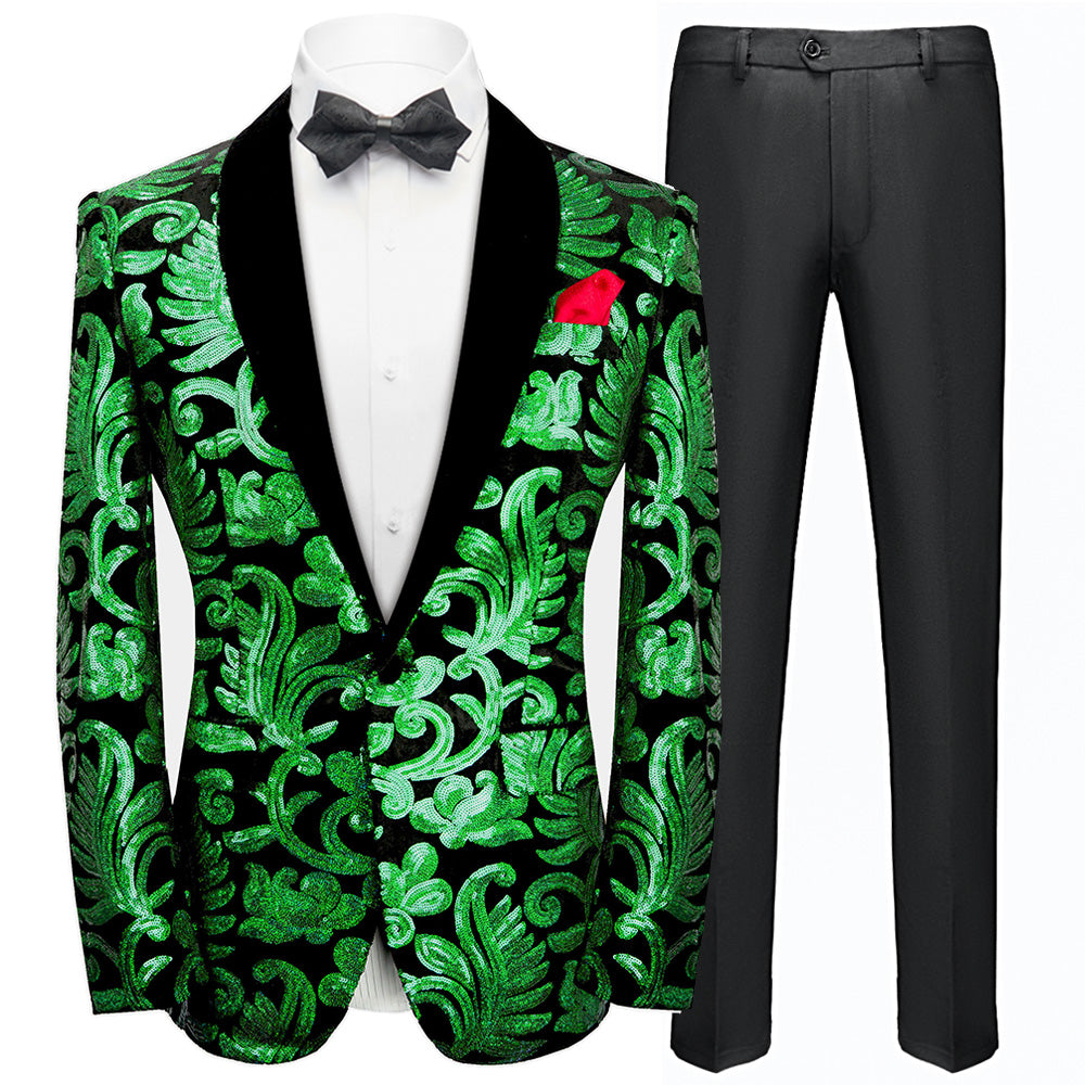 Men's Sparkle Floral Green Sequin Tuxedo Jacket