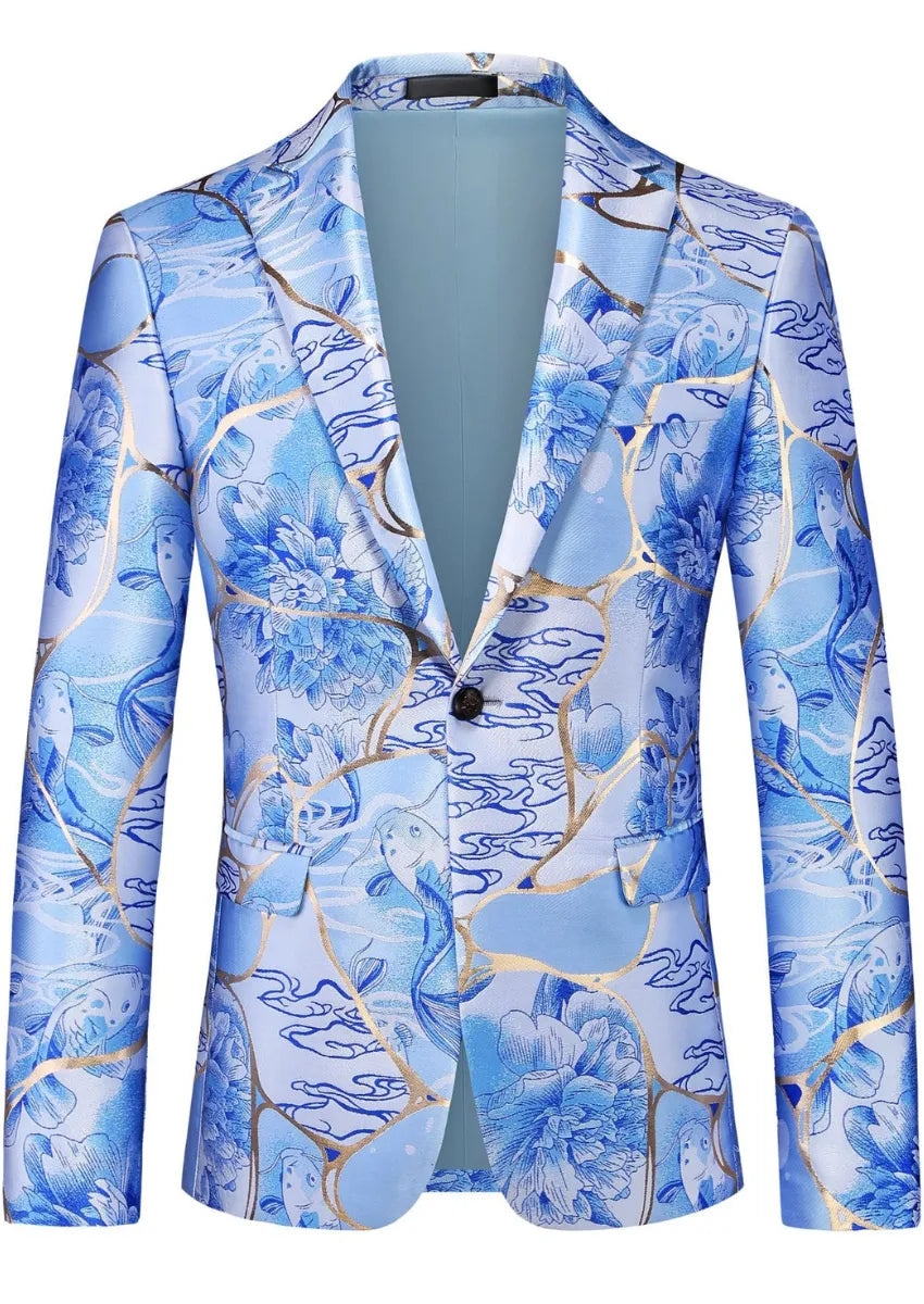 Men's Slim-Fit Floral Jacquard with Gold Accents Blue Blazer