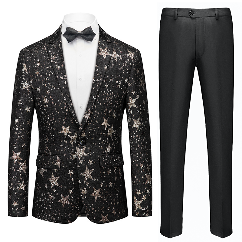 Men's Peak Lapel Gold Stars Printed Black Tuxedo Jacket