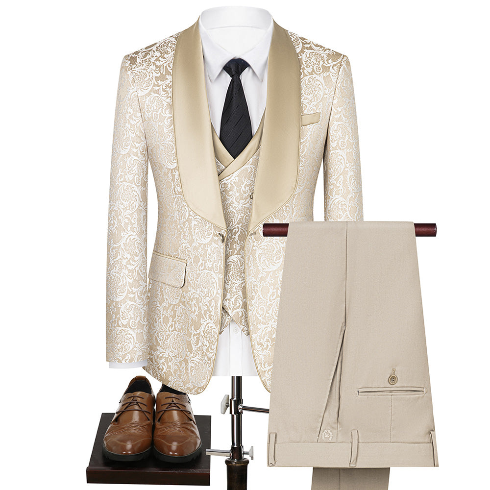 Men's 3-Piece Damask Jacquard Champagne Wedding Suit