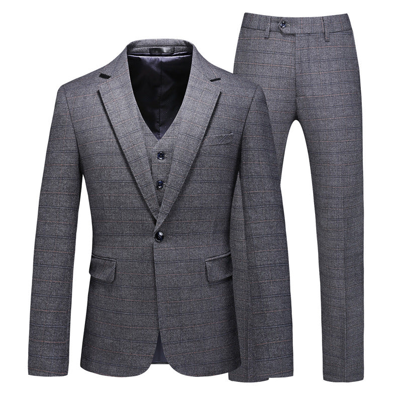 Men’s 3-Piece Subtile Geometric Grid Style Dark Gray Suit