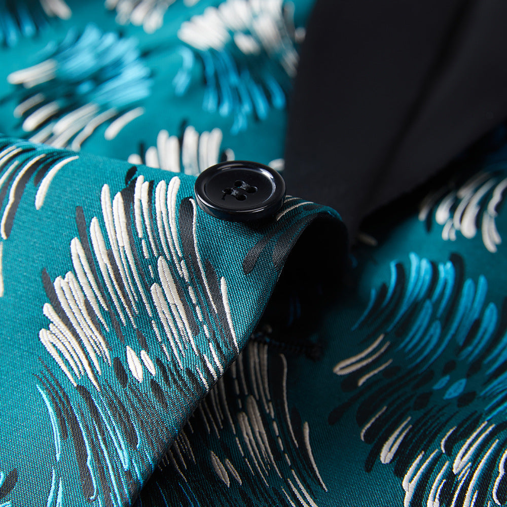Men's Jacquard Embroidered Textured Digital Print Dark Teal Tuxedo Jacket