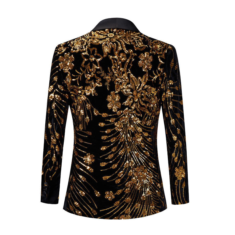 Men's Gold Sequin Tassel Black Dinner Jacket for Stage