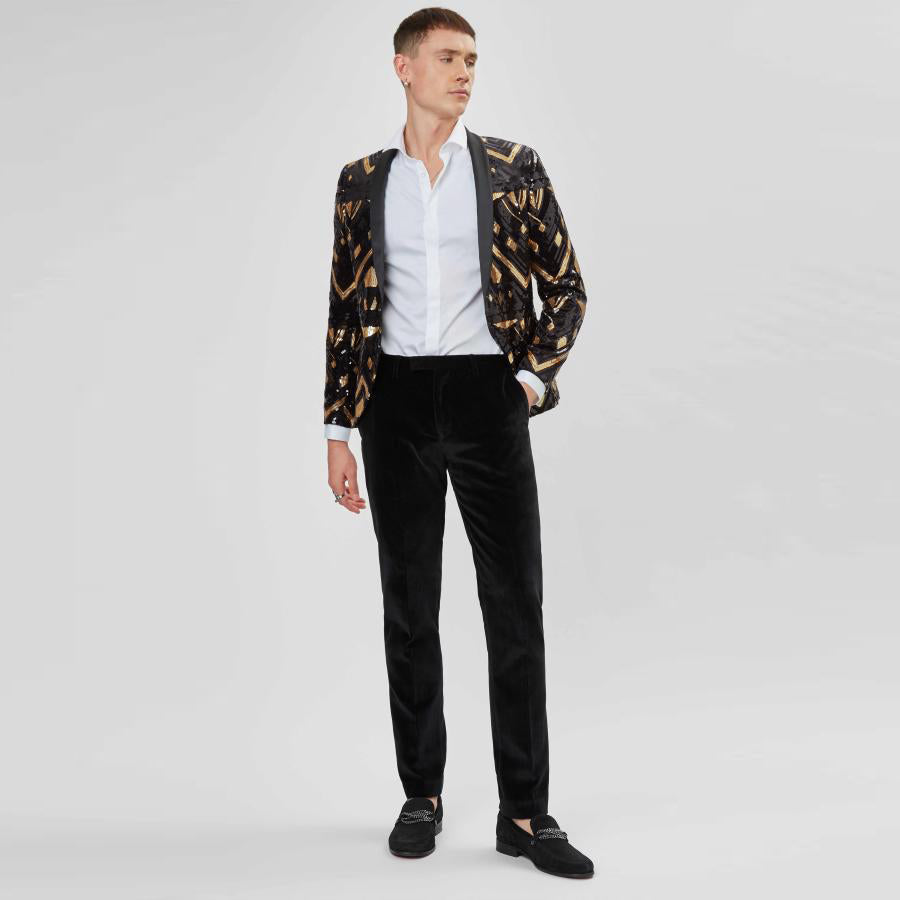 Men's Full Sequin Golden Geometric Pattern Black Tuxedo Jacket