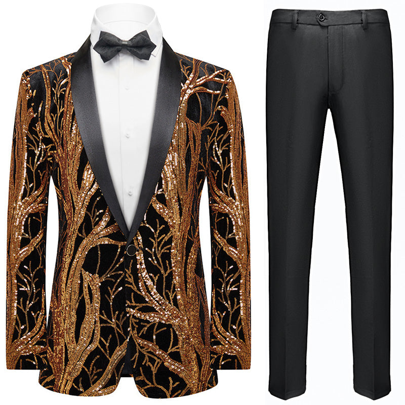 Men's 2-Piece Branch Embroidered Gold Sequin Black Tuxedo Jacket