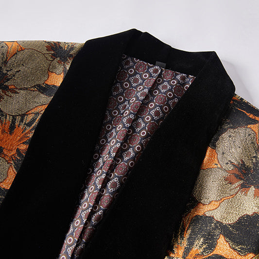 Men's 2-Piece Gold and Black Floral Jacquard Shawl Collar Tuxedo