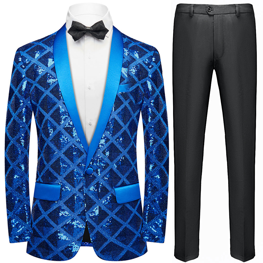 Men's Shimmering Argyle Pattern Blue Tuxedo Jacket