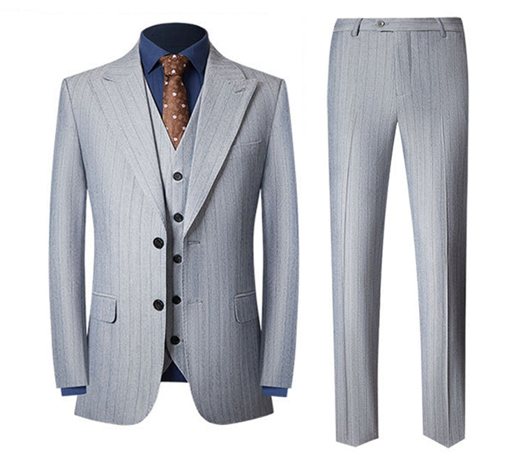 Men's 3-Piece Vertical Striped Pattern Stylish Light Gray Suit