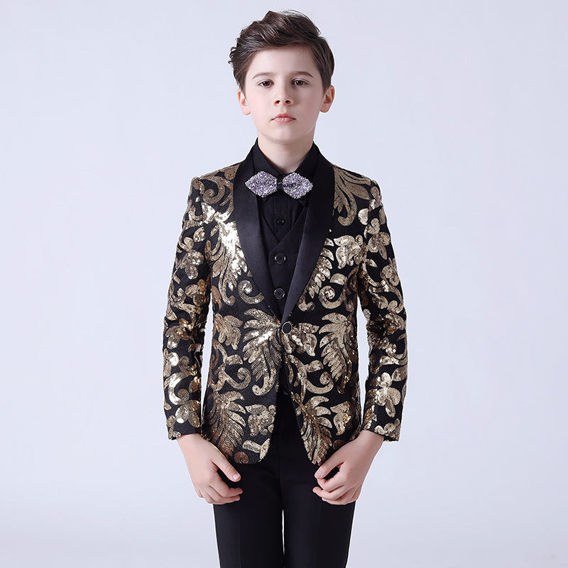 Boy's 3-Piece Suit Sequin Tuxedo Shawl Collar Gold
