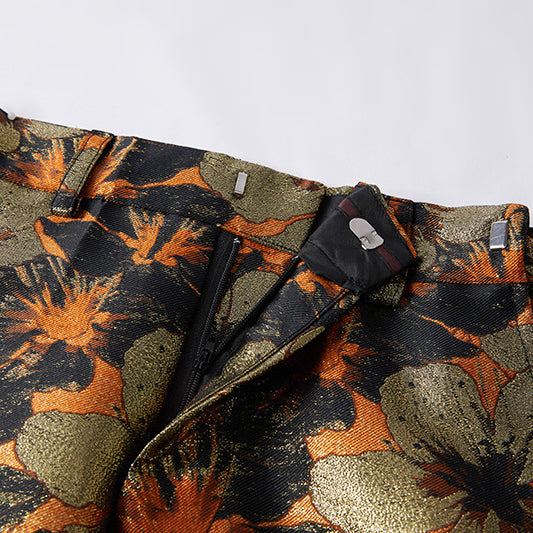 Men's 2-Piece Gold and Black Floral Jacquard Shawl Collar Tuxedo