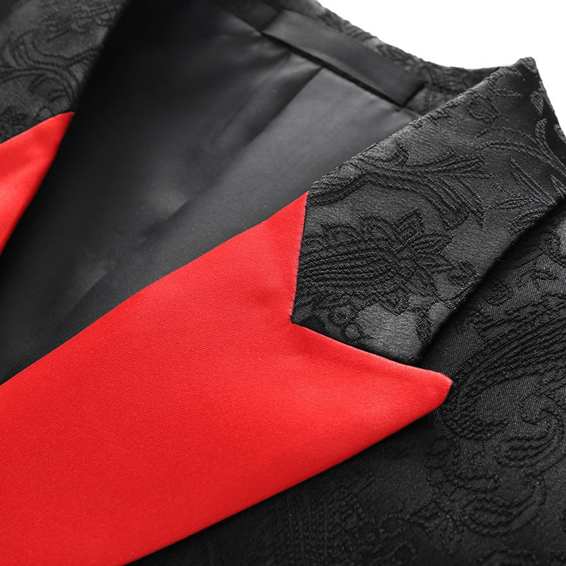 Men's 3-Piece Jacquard Red Peak Lapel Double Breasted Black Tuxedo