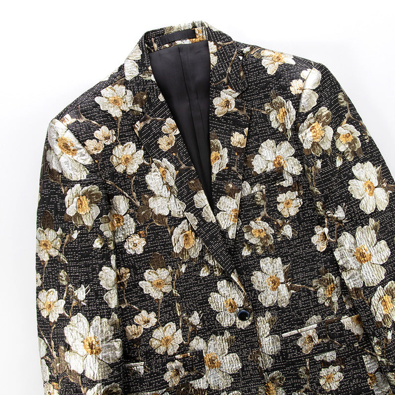 Men's Oil Painting White Blooming Flowers Embroidery Black Blazer