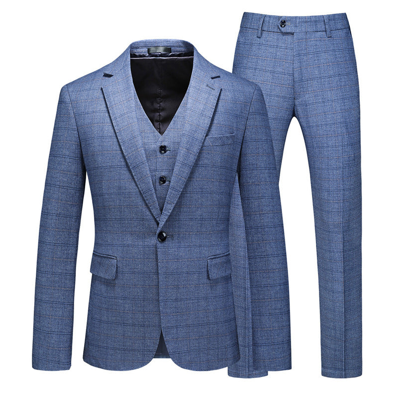 Men’s 3-Piece Subtile Geometric Grid Style Grayish Blue Suit