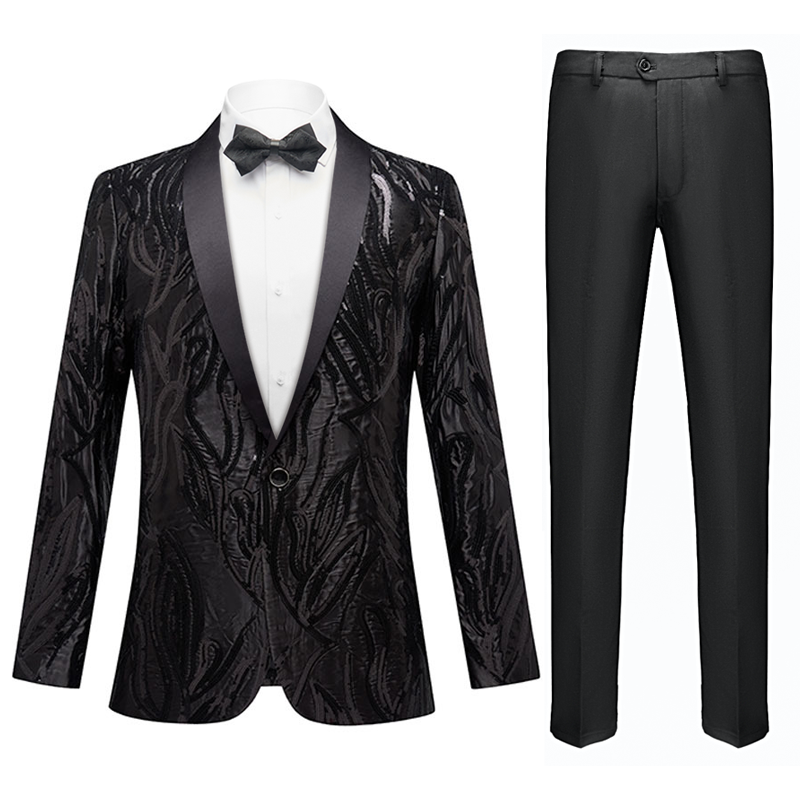 Men's Shawl Lapel Subtile Sequin Embroidery Black Tuxedo