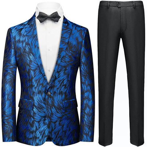 Men's Royal Blue Plume Jacquard Black Tuxedo Jacket