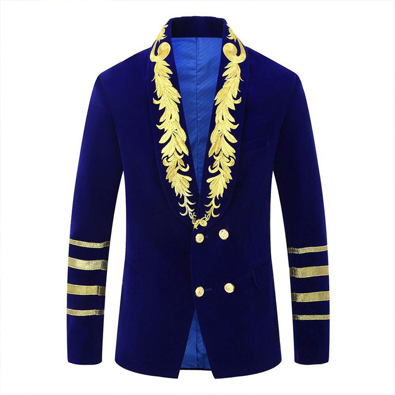 Men's Gold Floral Embroided Collar Court Style Navy Blue Jakcet