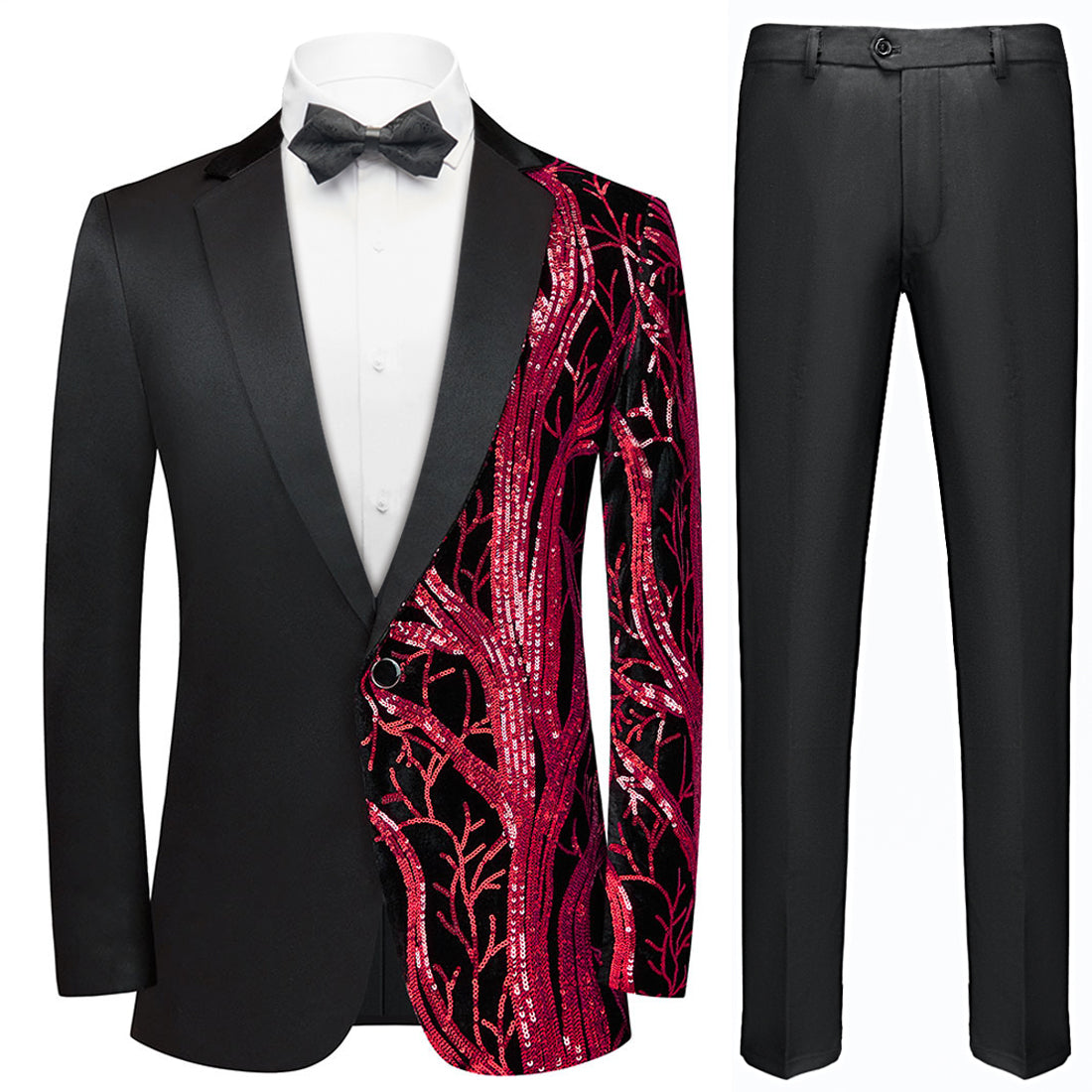 Men's 2-Piece Suit Shimmering Branches Black and Red Tuxedo