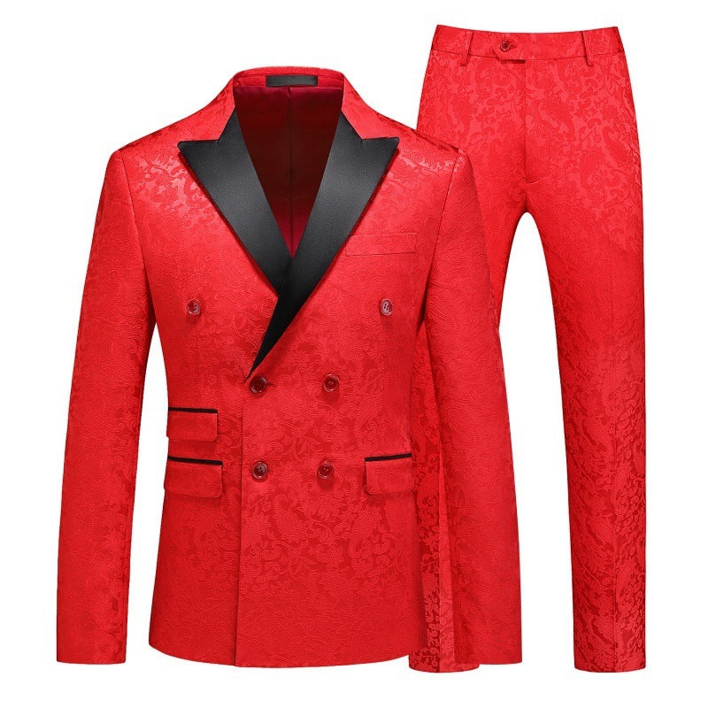 Men's 3-Piece Jacquard Peak Lapel Double Breasted Red Tuxedo
