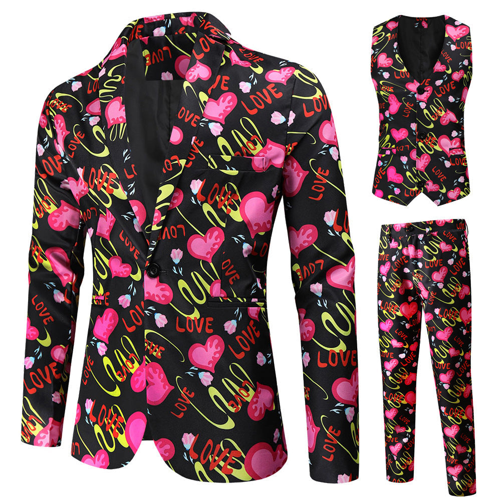 Men's Valentine's Day Theme Printed Suit 3-Piece 4 Color