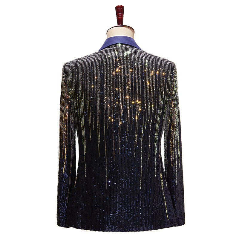 Men's Gold Sequin Tassel Navy Blue Dinner Jacket for Stage