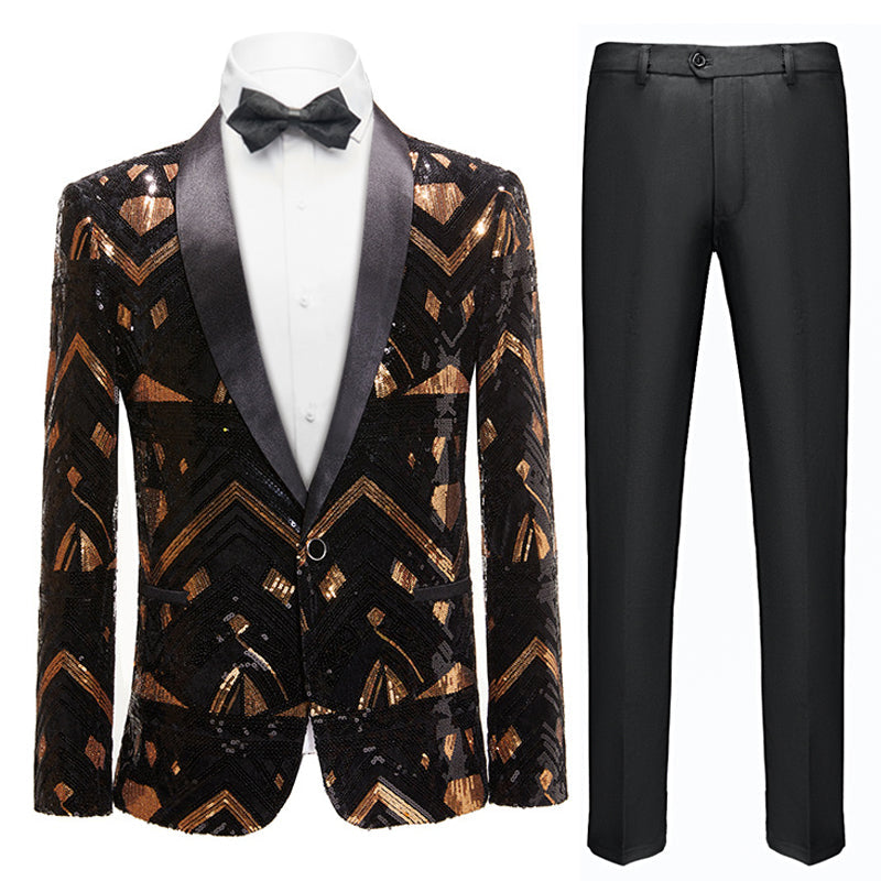 Men's Full Sequin Golden Geometric Pattern Black Tuxedo Jacket
