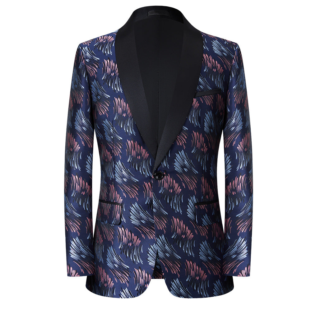 Men's Jacquard Embroidered Textured Digital Print Navy BlueTuxedo Jacket