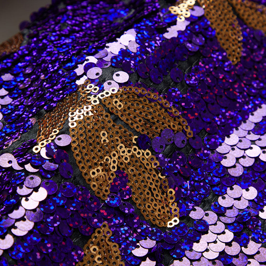 Men's Full Sequin Purple Tuxedo with Gold Olive Leaf Patterns