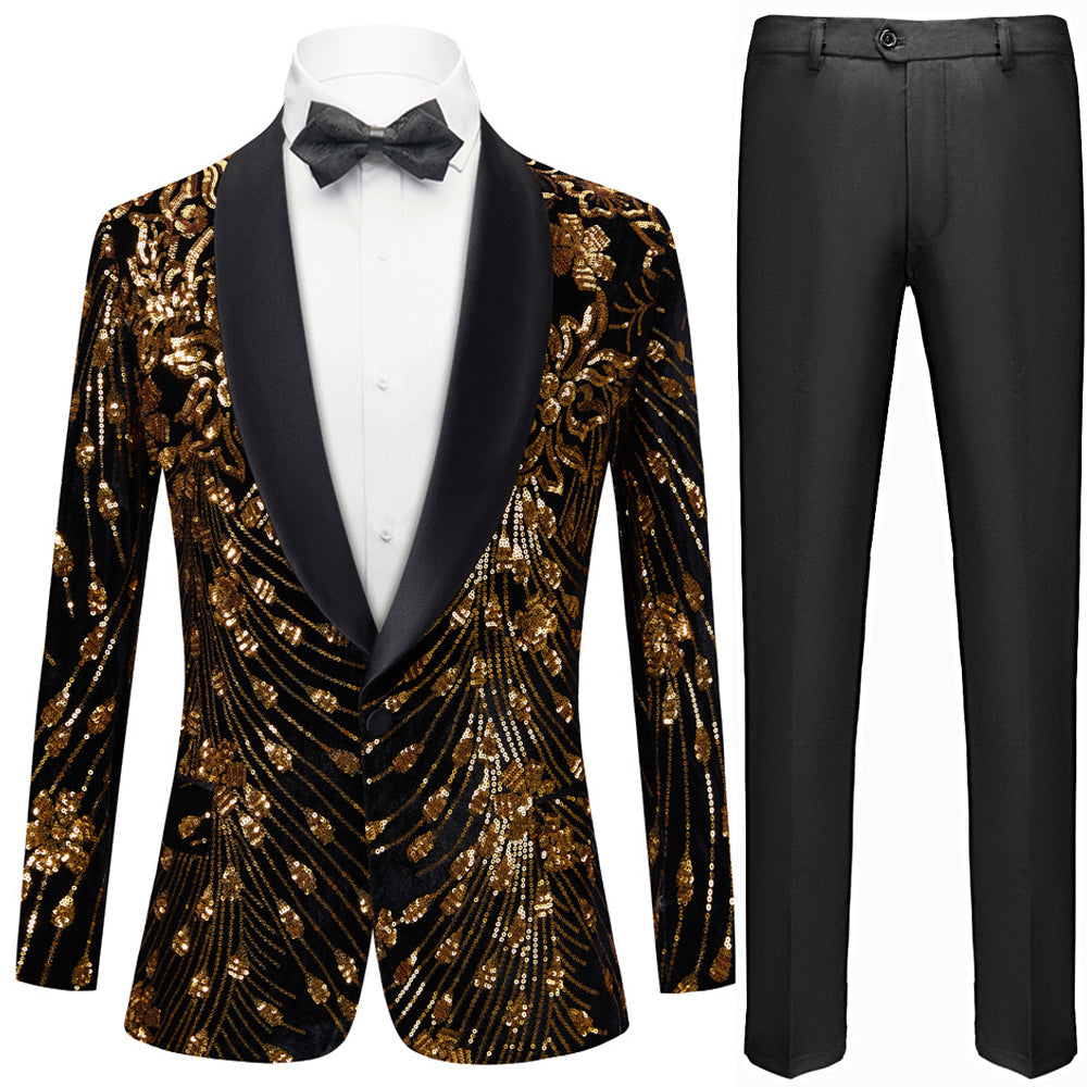 Men's Gold Sequin Tassel Black Dinner Jacket for Stage