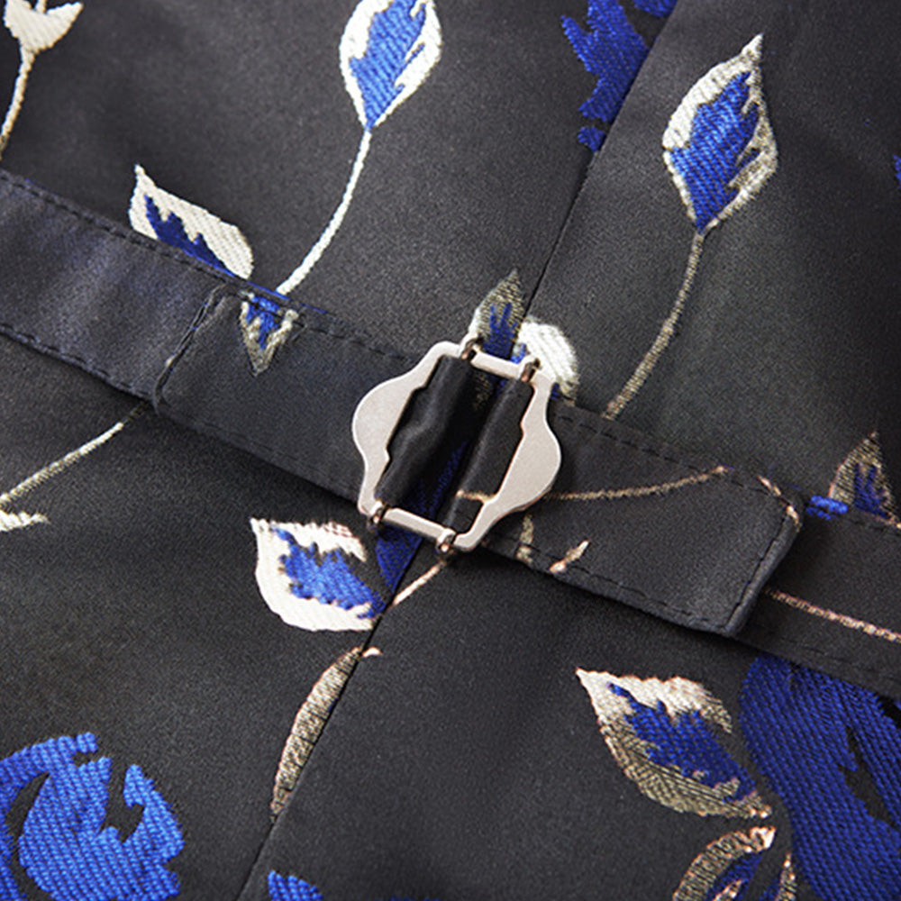 Men's 3-Piece Shawl Collar Blue Floral Jacquard Black Suit
