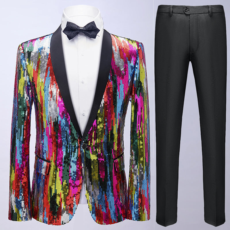 Men's Full Sequin Embroidered Pinstripe Rainbow Tuxedo Jacket