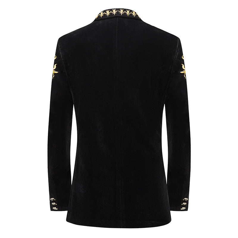 Mens 2-Piece Gold Embroidered Velvet Black Dinner Jacket