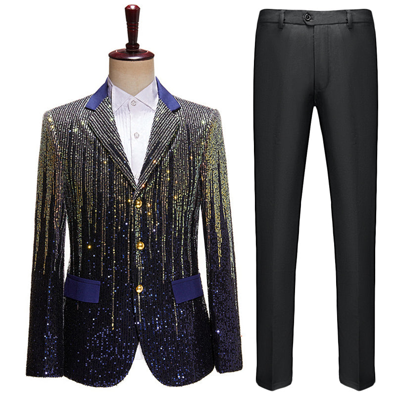 Men's Gold Sequin Tassel Navy Blue Dinner Jacket for Stage