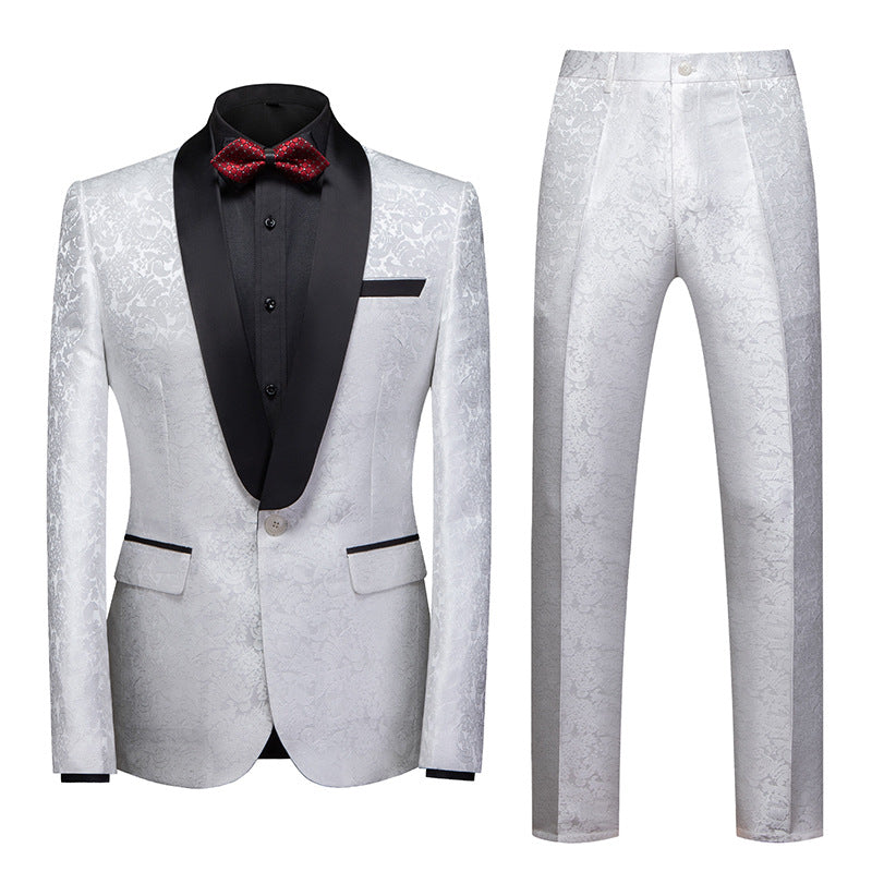 Mens 2-Piece Shawl Lapel Jacquard White Wedding Tuxedo