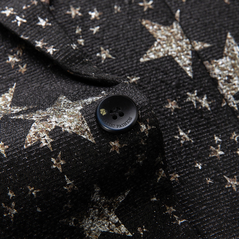 Men's Peak Lapel Gold Stars Printed Black Tuxedo Jacket